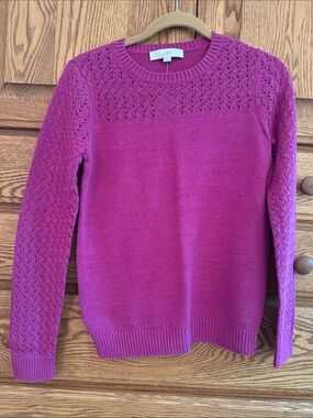 LOFT Fuchsia Crewneck Eyelet Sweater